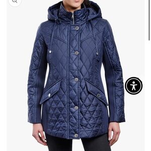 LONDON FOG ZIP & SNAP FRONT QUILTED JACKET NAVY NEOPRENE INSETS